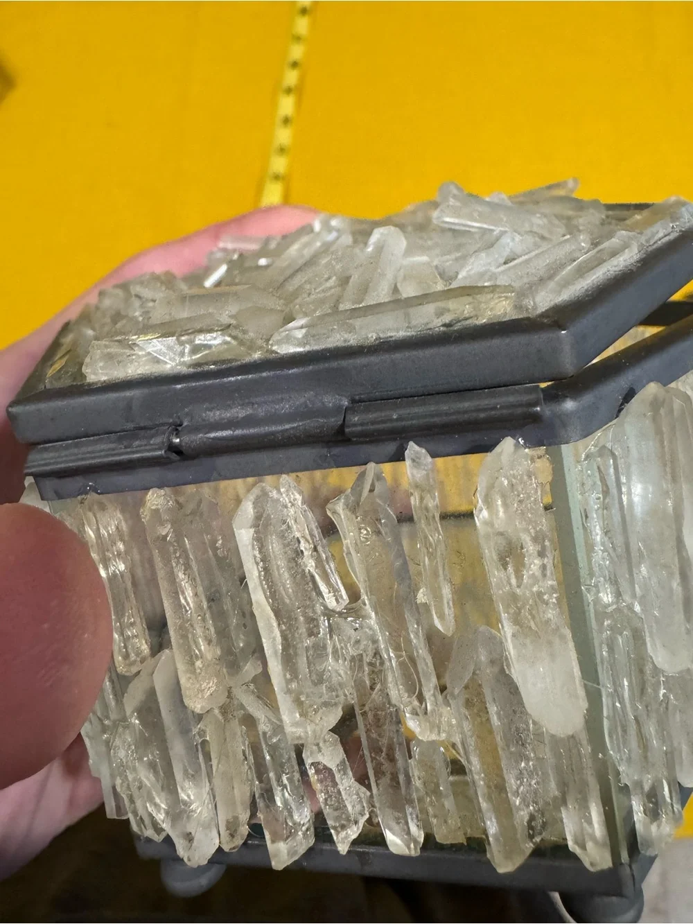 Vintage Hexagonal Raw Clear Quartz Crystal Mirror Trinket Box